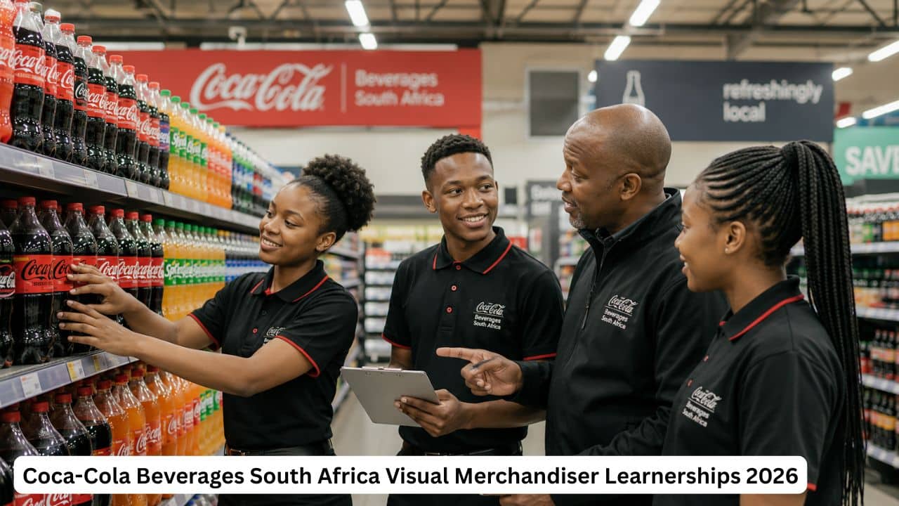 Young South African learners arranging beverage products during a visual merchandising learnership.