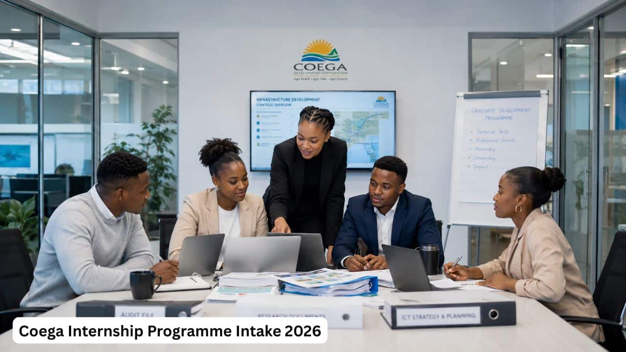 Young South African graduates receiving workplace training in audit, ICT and strategy support at a development agency.