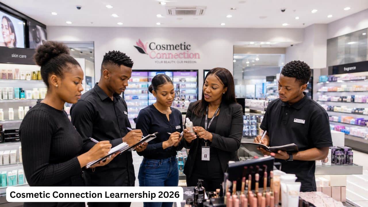 Young South African retail learners receiving practical training inside a Cosmetic Connection store