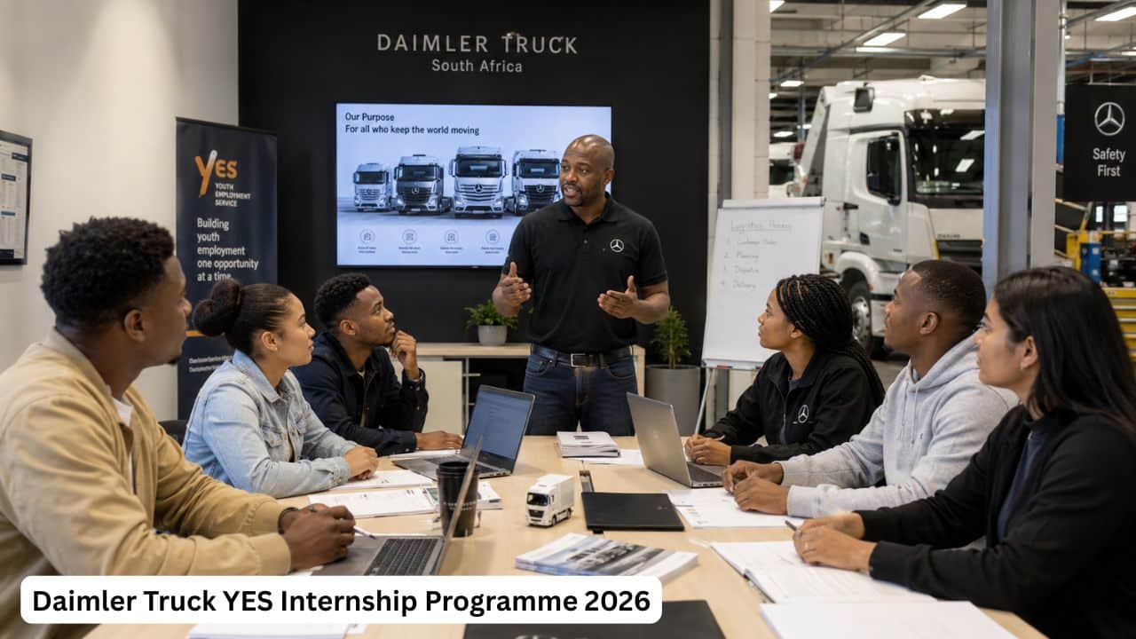 Young South African internship candidates receiving workplace training in an automotive corporate environment.