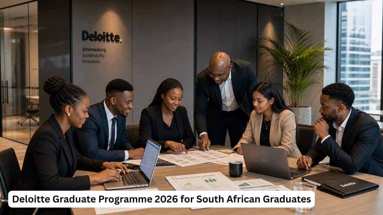 South African graduates participating in the Deloitte Graduate Programme 2026 in a modern professional services office.