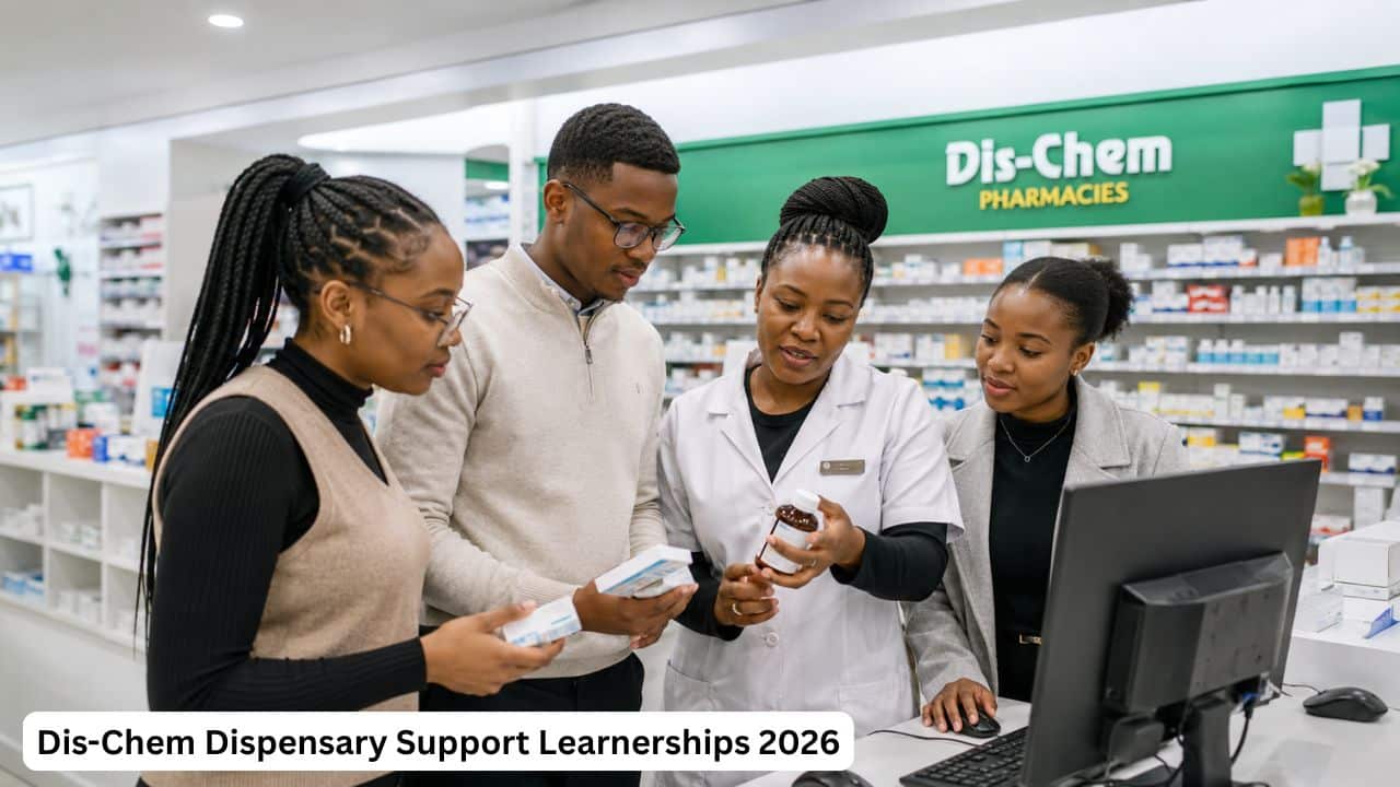 Young South African pharmacy learners receiving dispensary support training at Dis-Chem Pharmacies.