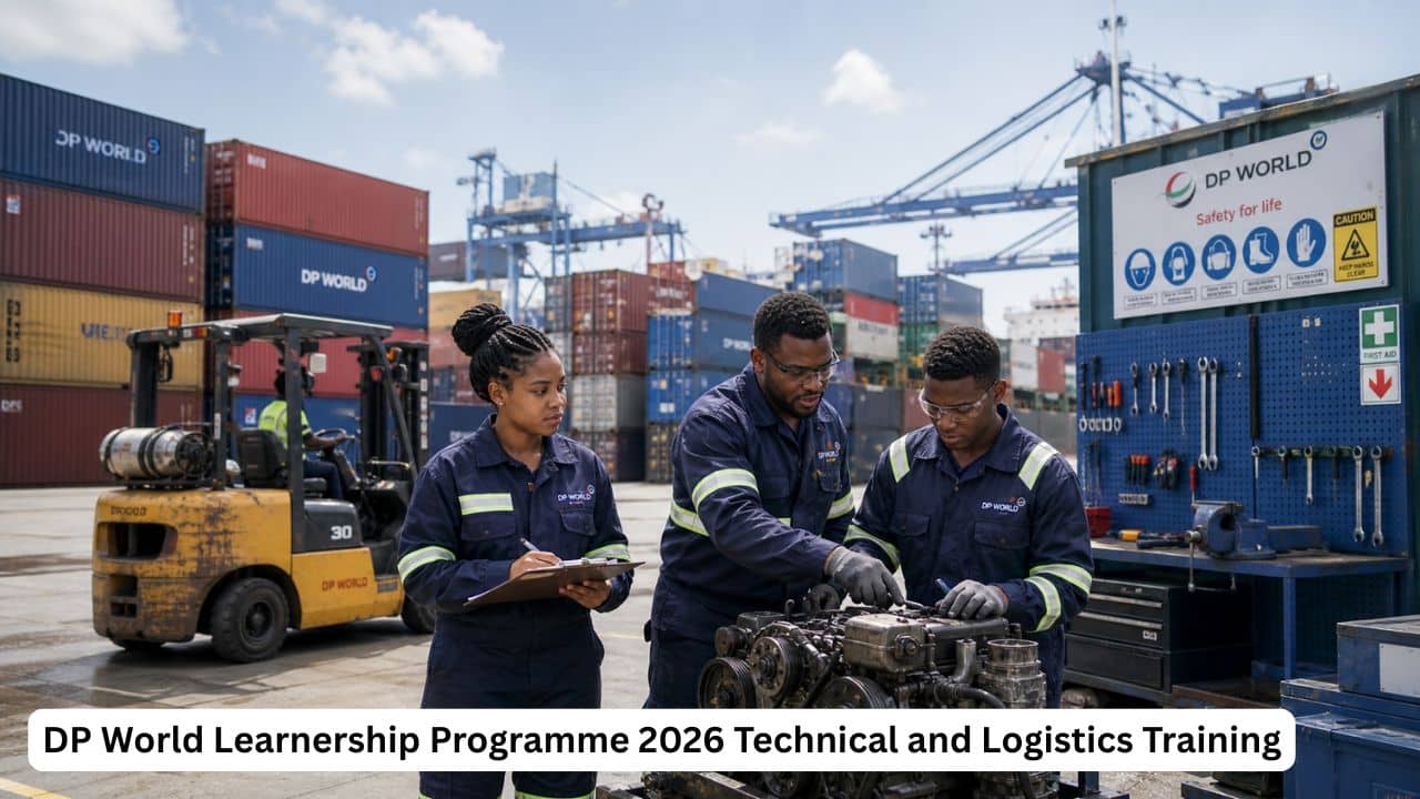 Young South African learners in a logistics and technical training environment for the DP World Learnership Programme 2026.