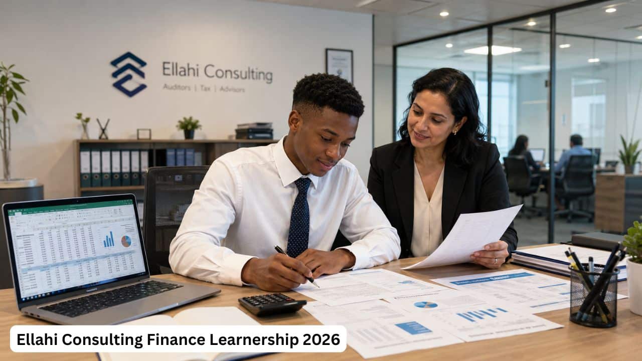 Young South African finance learner working with spreadsheets and financial documents in an office.