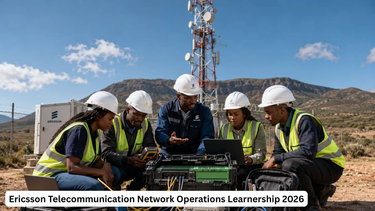 Young South African telecommunications learners receiving Ericsson network operations training near communication equipment