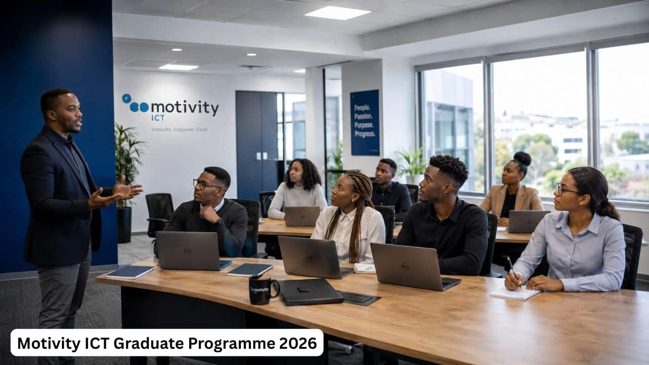 Young South African graduates receiving workplace training in a modern ICT office for Motivity ICT