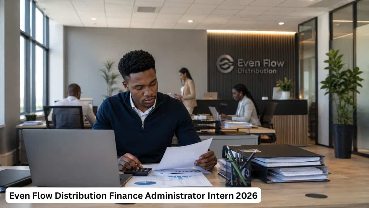 Young South African finance intern reviewing documents in a professional office for Even Flow Distribution