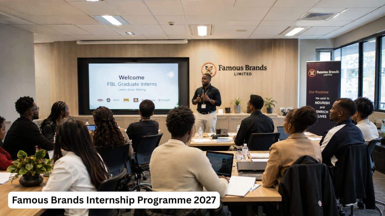 Young South African graduates attending a Famous Brands internship training session in a professional workplace setting.