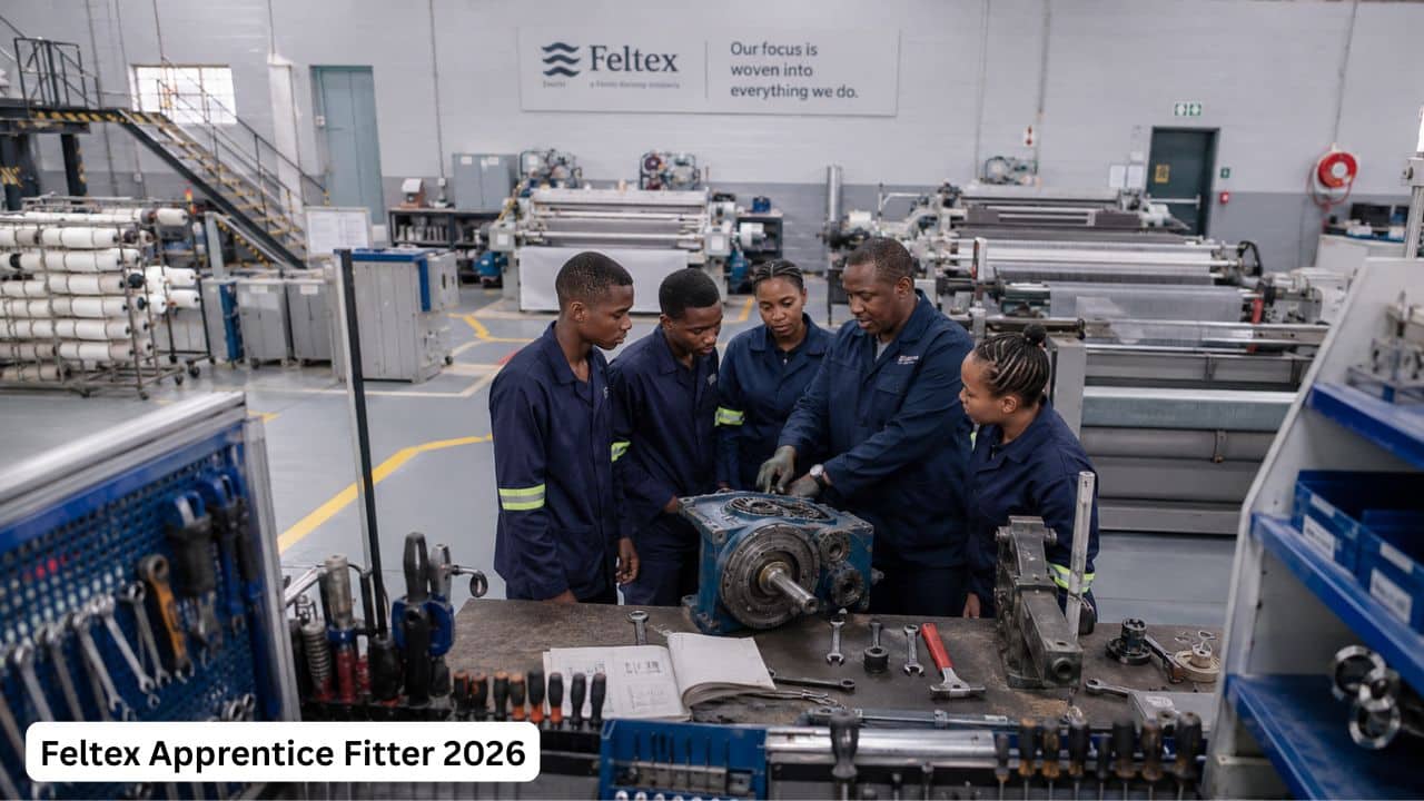 Young South African apprentice fitter receiving practical maintenance training at Feltex.