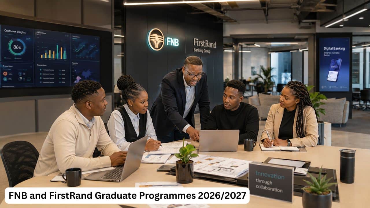 Young South African graduates receiving banking and technology training at FNB and FirstRand