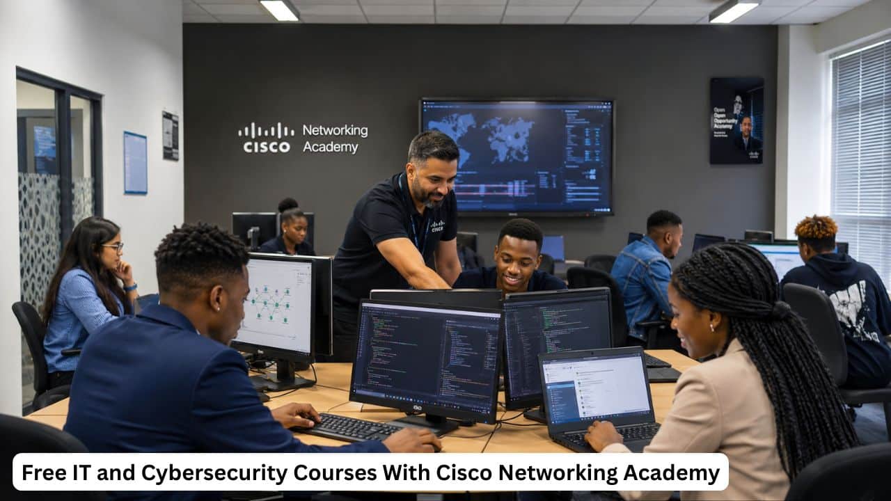Young South African learners studying free IT and cybersecurity courses online through Cisco Networking Academy