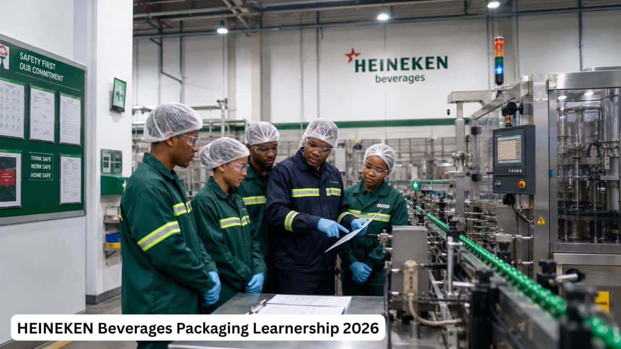 Young South African learners receiving packaging operations training at HEINEKEN Beverages