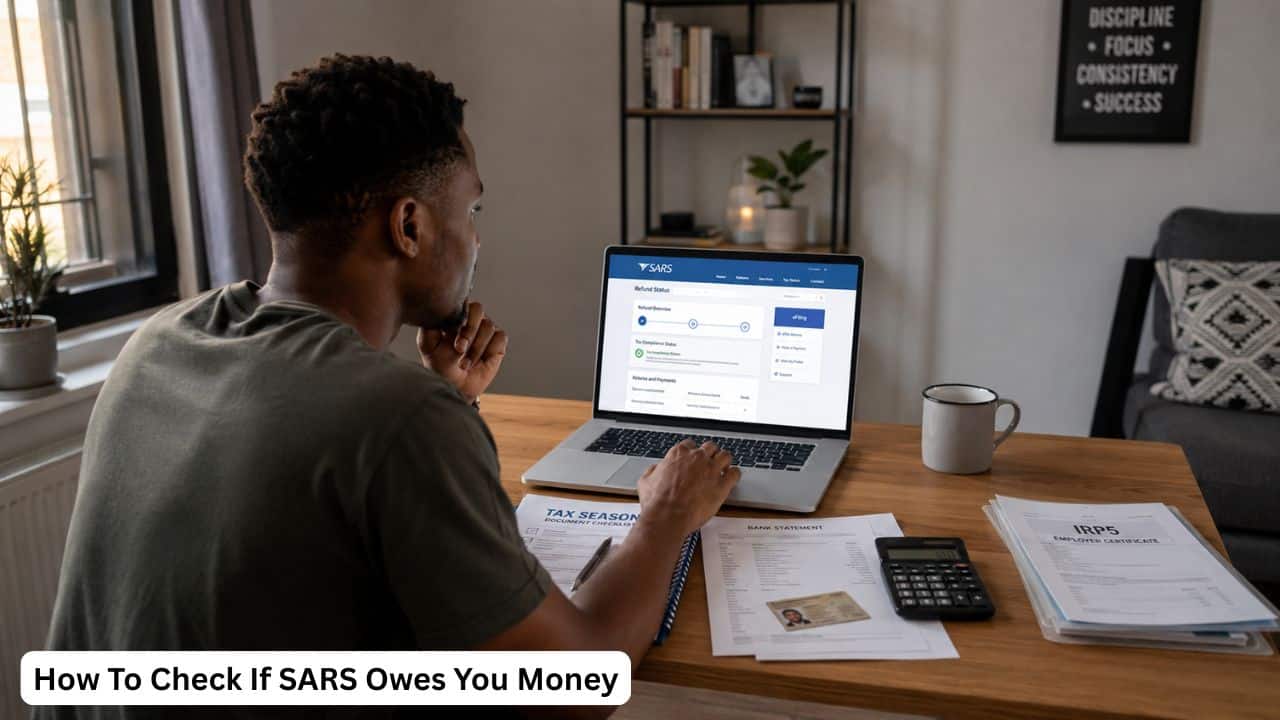 South African taxpayer checking SARS refund status on eFiling using a laptop