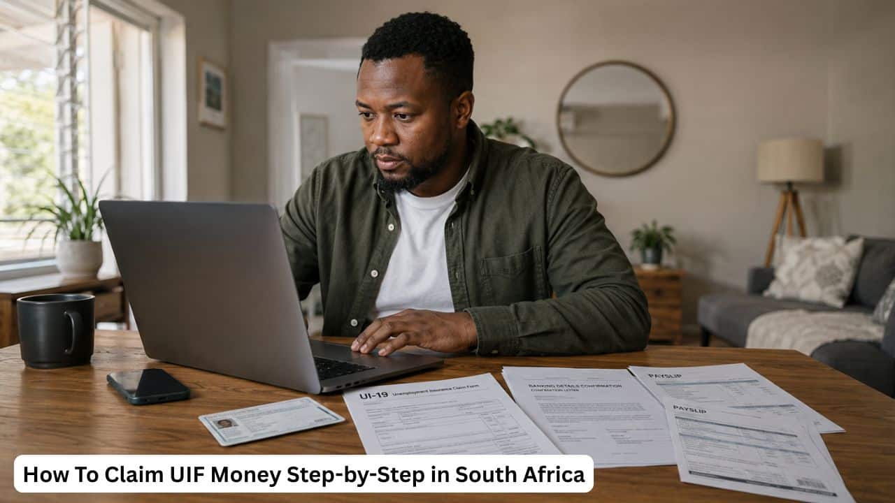 South African worker applying for UIF money online using uFiling with documents on a desk