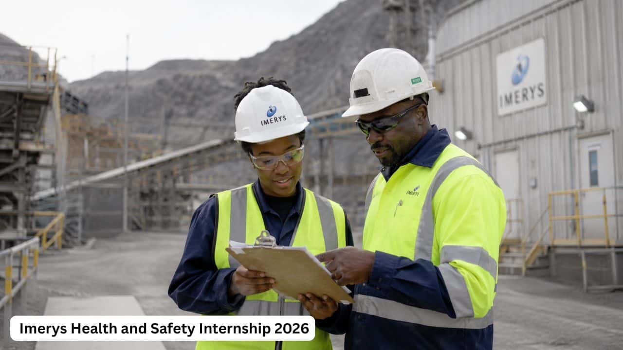 Young South African health and safety intern reviewing safety documents with a mentor in an industrial minerals workplace.