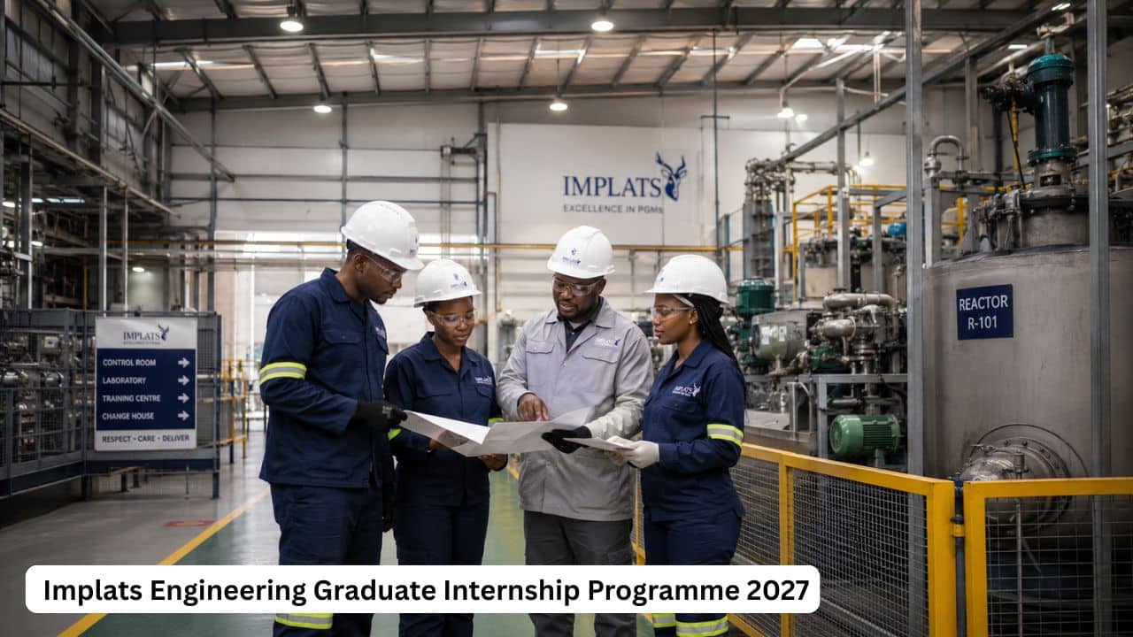 Young South African engineering graduates gaining workplace training at an Implats refinery operation