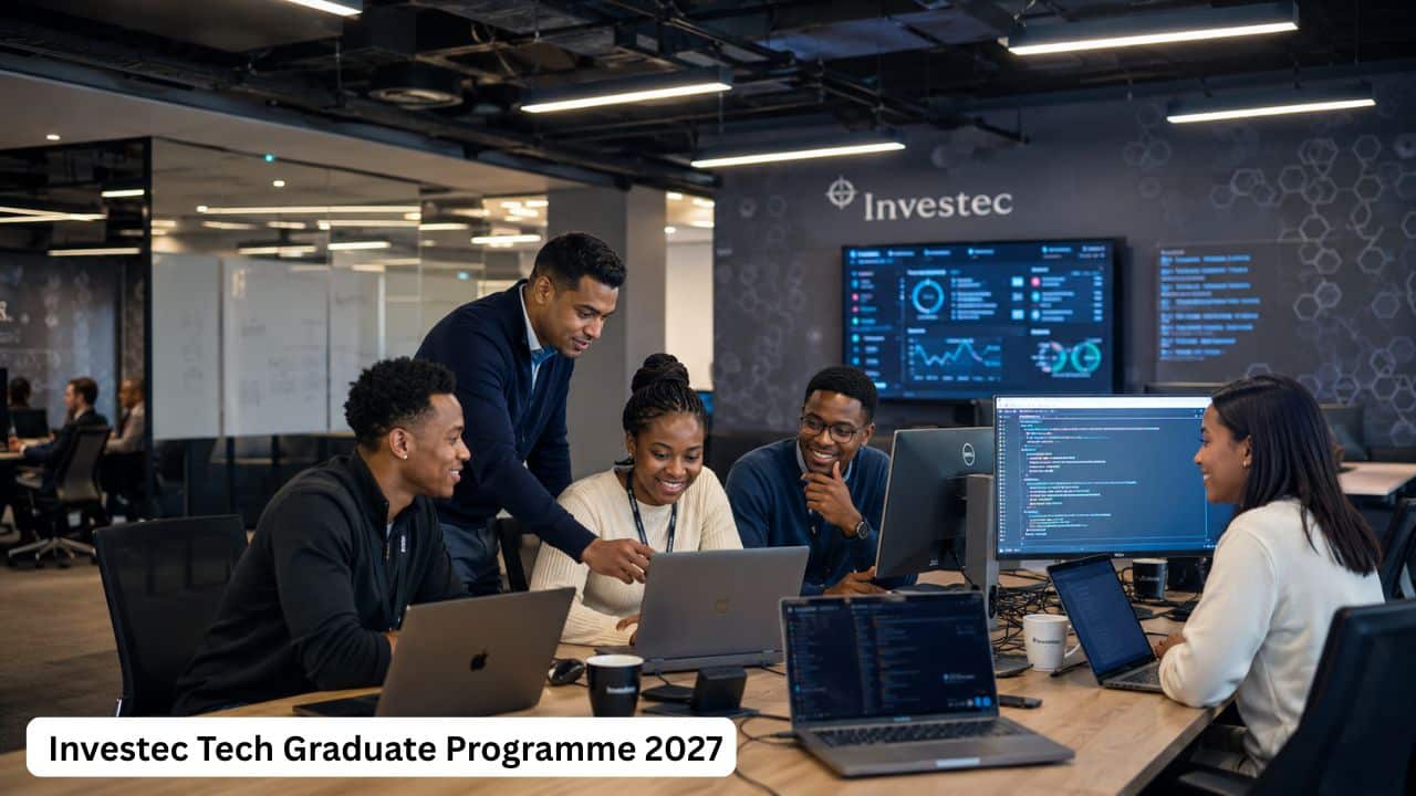 Young South African technology graduates receiving fintech training in a modern corporate office.