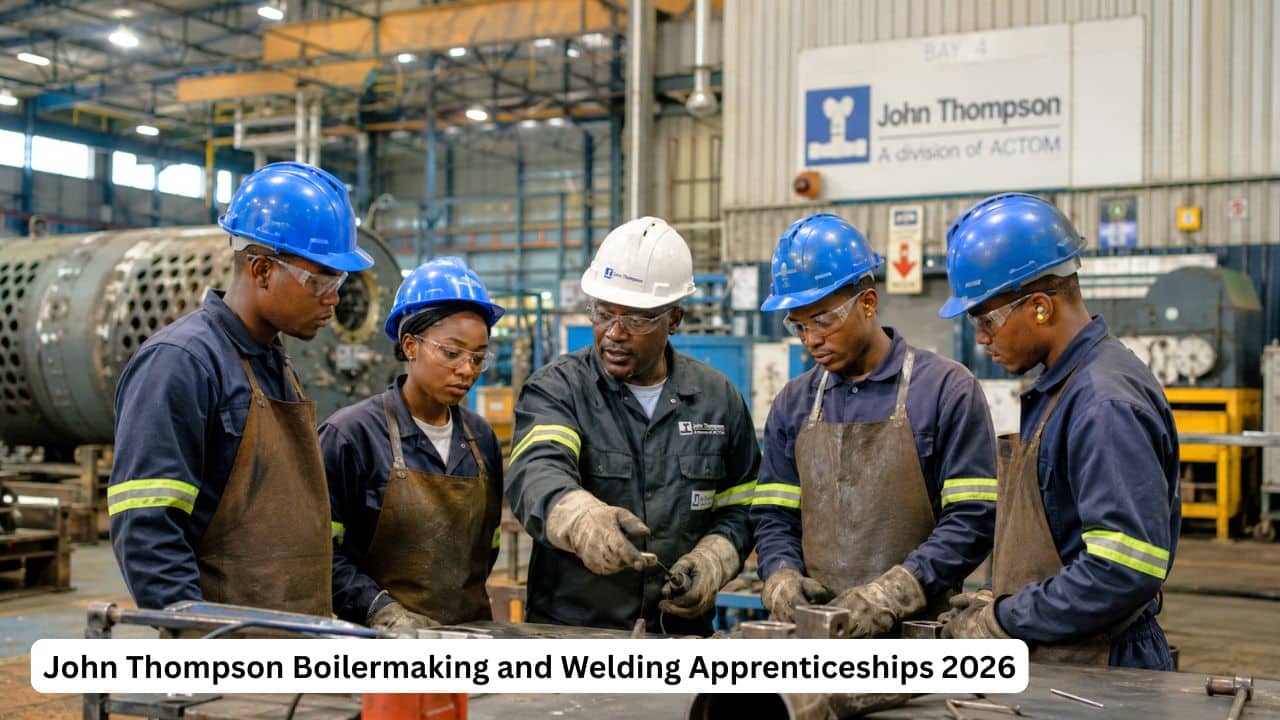 Young South African apprentices receiving boilermaking and welding training in an engineering workshop