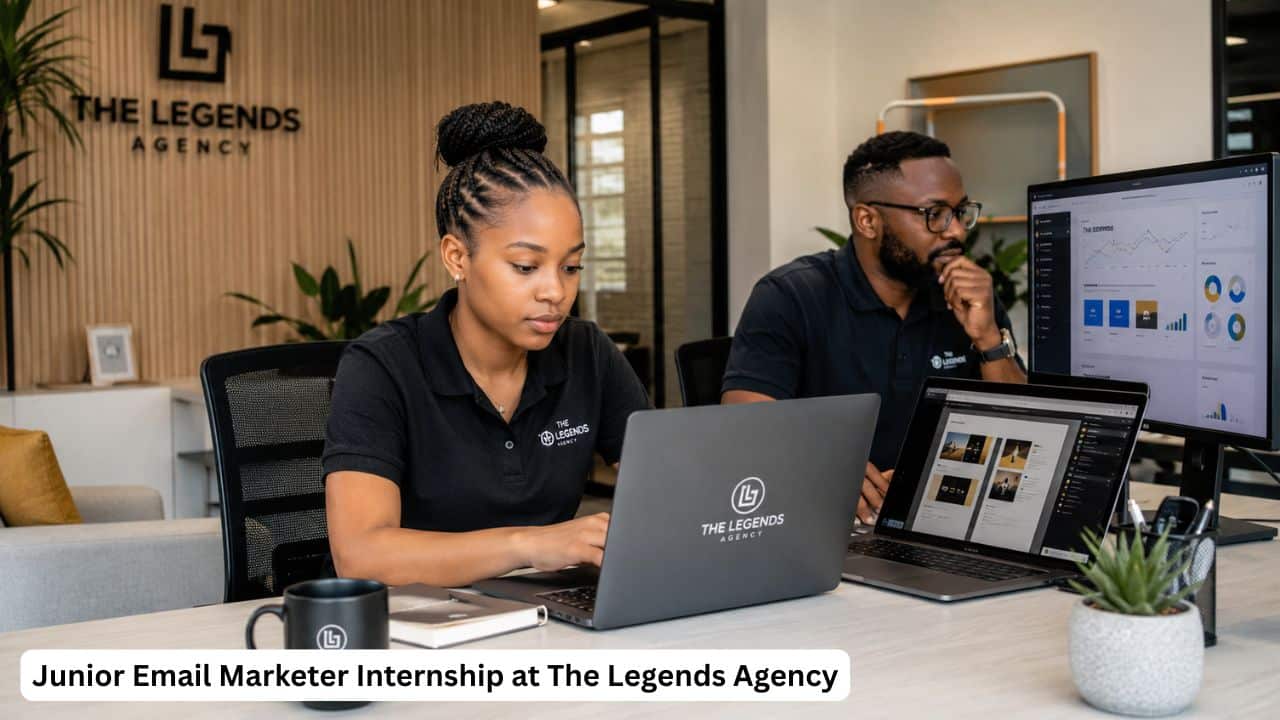 Young South African digital marketing intern working on email campaigns during a paid internship.