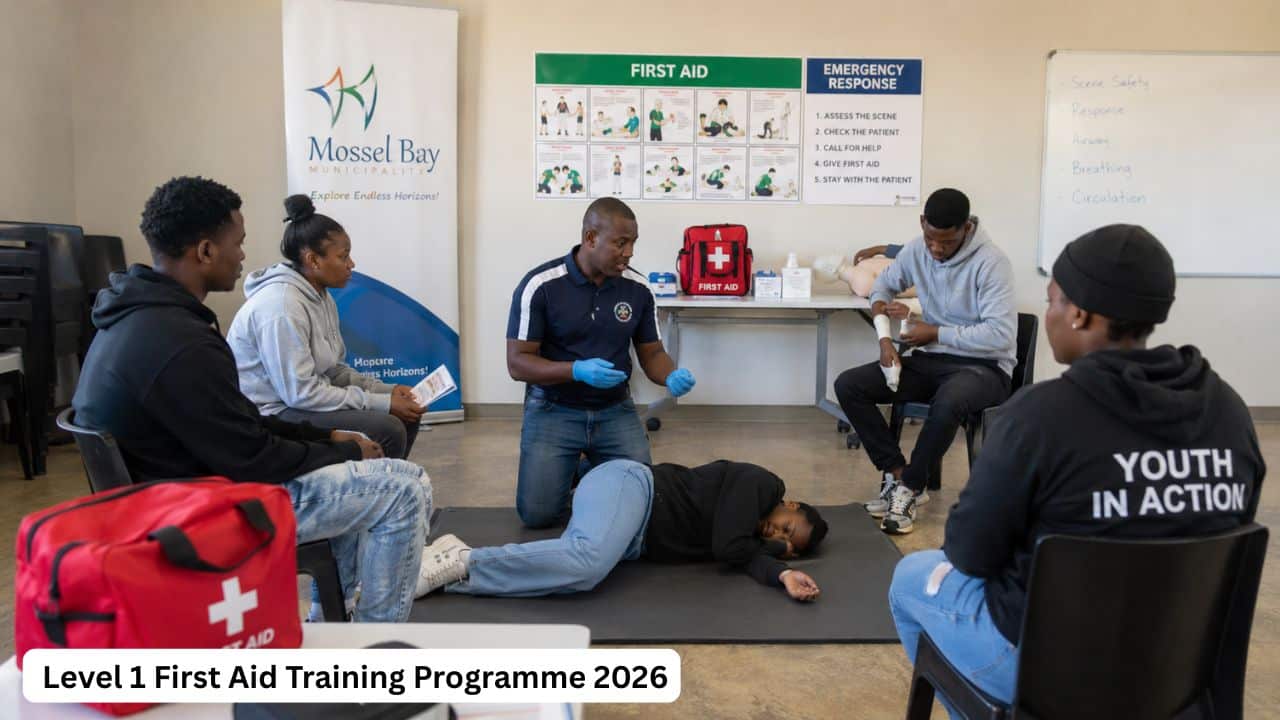 Young South African youth participants attending a Level 1 First Aid Training session with a professional instructor.