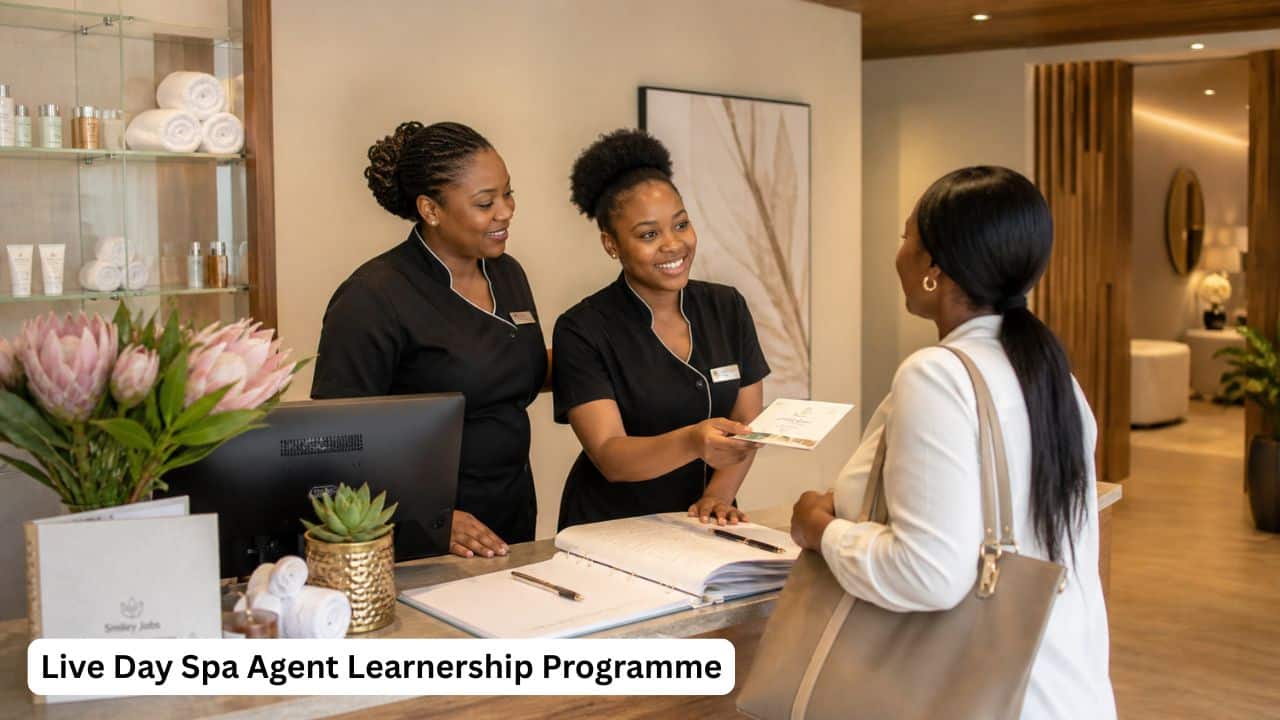 Young South African spa learnership participant gaining customer service experience at a luxury day spa reception.
