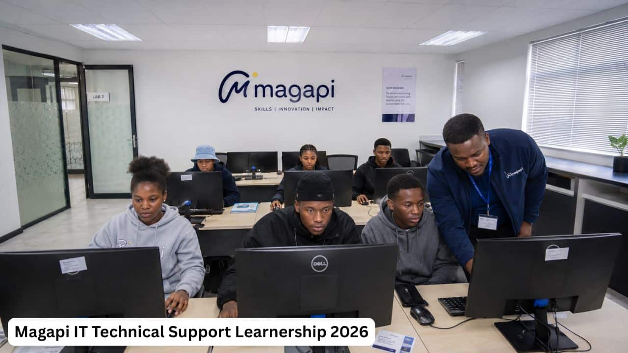 Young South African learners attending a Magapi IT Technical Support Learnership training session in a computer lab.