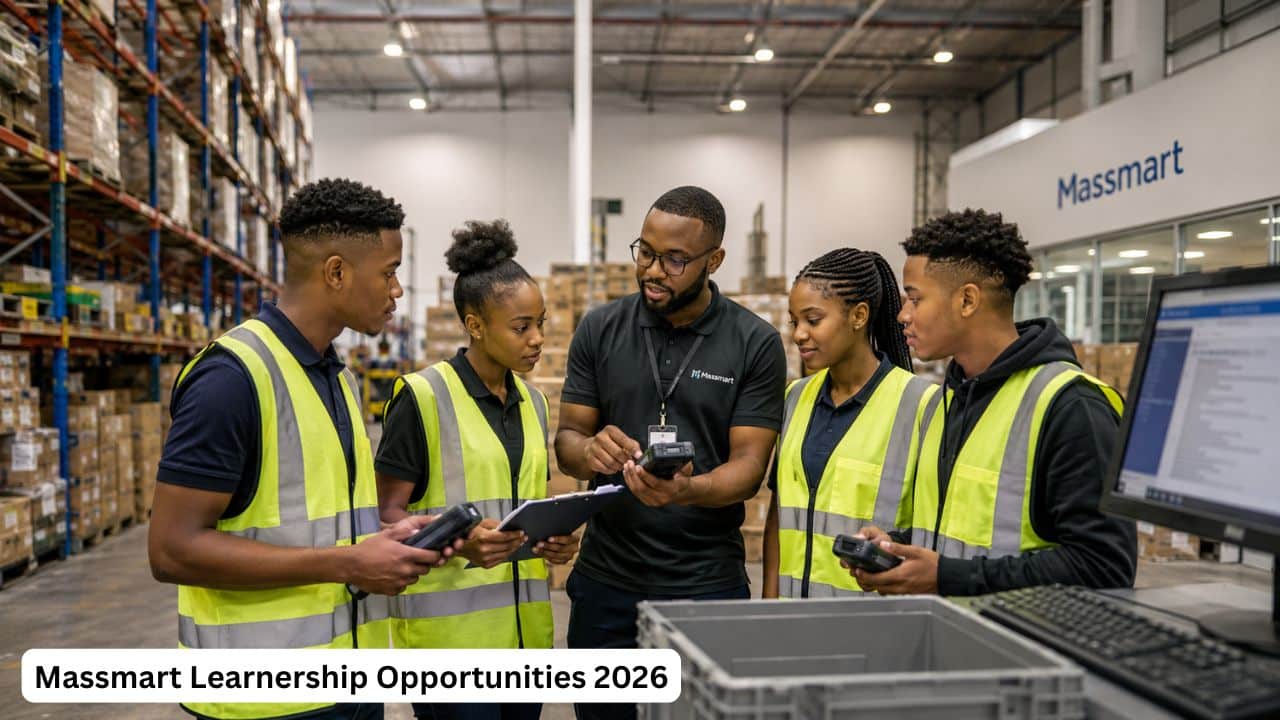Young South African learners receiving retail operations training inside a Massmart distribution centre.
