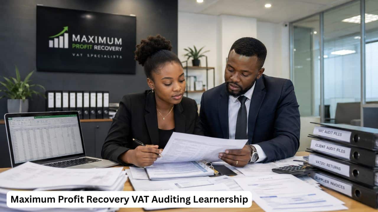 Young South African accounting learner reviewing VAT audit documents during a Maximum Profit Recovery learnership.