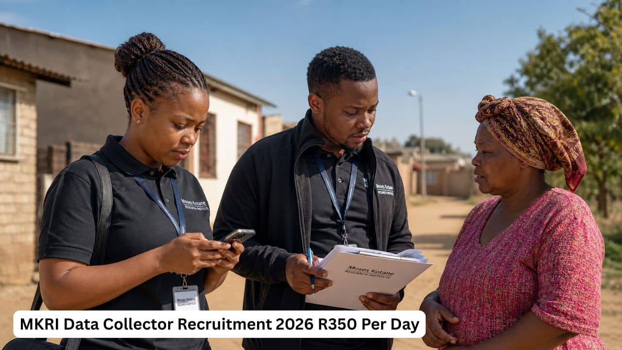 Young South African graduate data collectors conducting community research using survey forms and smartphones.