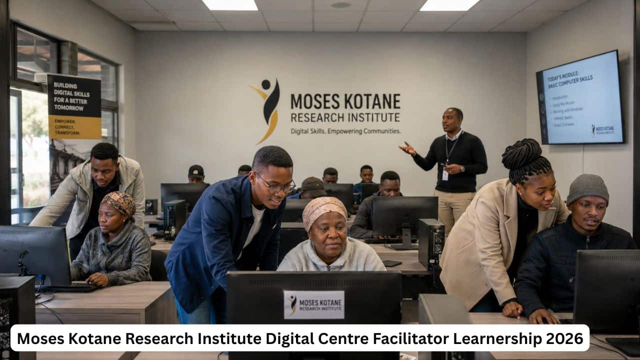 Young South African Information Technology graduates assisting learners at a community digital centre during workplace training.
