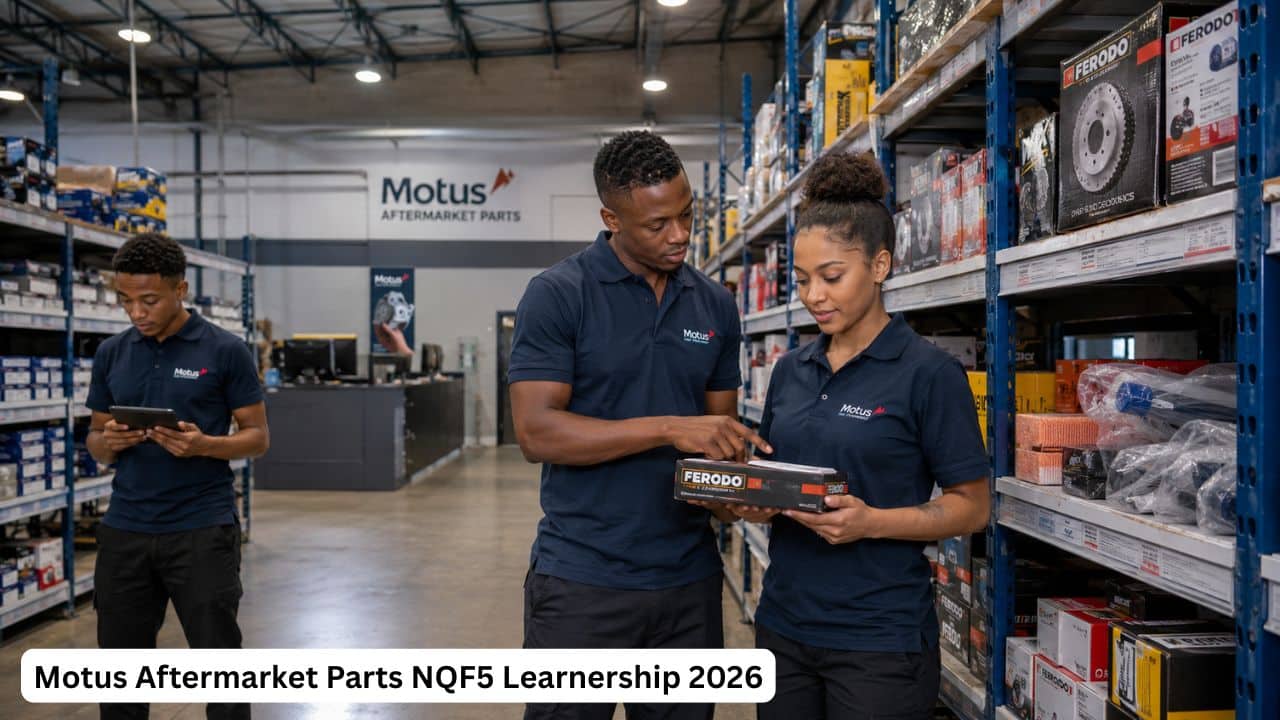 Young South African learners gaining automotive warehouse experience through the Motus Aftermarket Parts NQF5 Learnership 2026