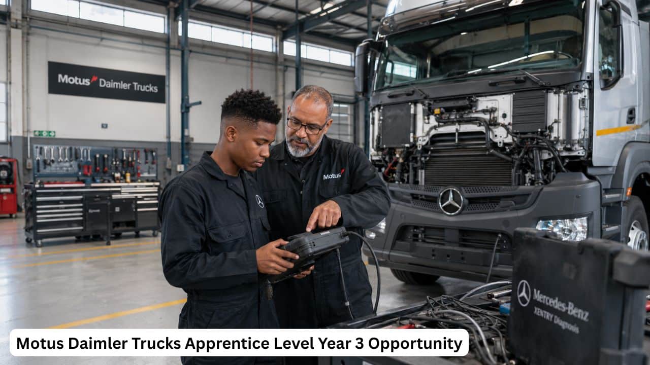 Young South African apprentice mechanic using diagnostic equipment on a commercial truck in a workshop.
