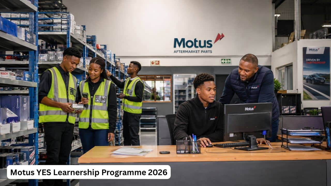 Young South African learners gaining workplace experience in an automotive parts environment for the Motus YES Learnership Programme 2026