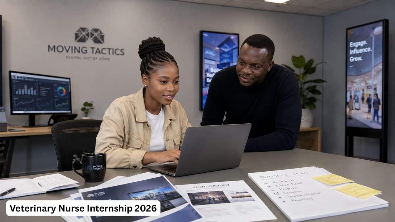 Young South African sales administrator intern working on client documents and project planning in a digital signage office.
