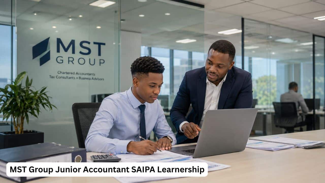 Young South African junior accountant reviewing bookkeeping and payroll documents during a SAIPA learnership.