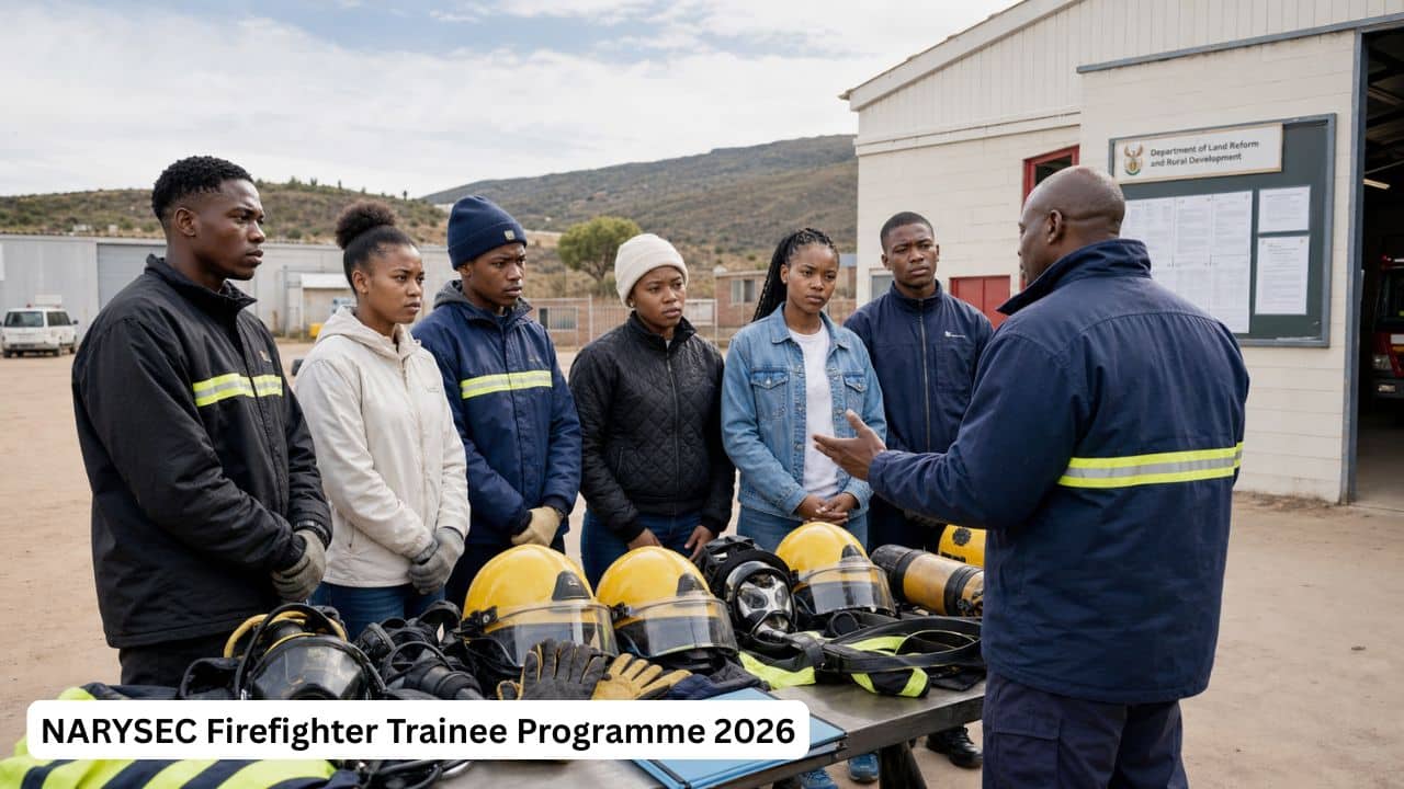 Young South African rural youth attending a firefighter trainee briefing with emergency training equipment.