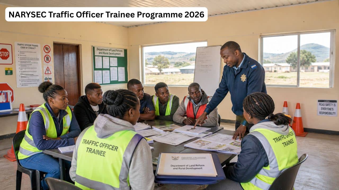 Young South African rural youth attending a traffic officer trainee briefing with road safety training materials.