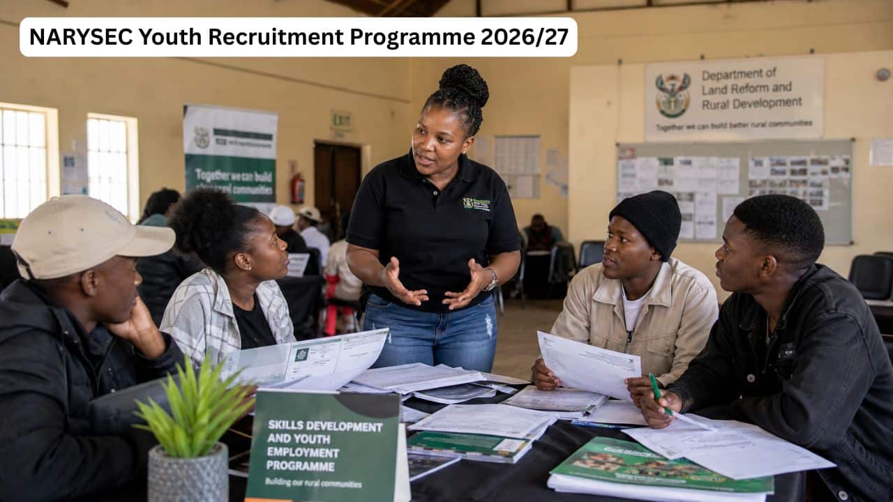 Young rural South Africans applying for the NARYSEC Youth Recruitment Programme 2026/27 at a municipal office.