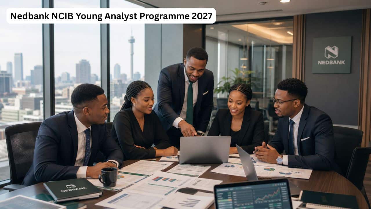 Young South African finance graduates analysing investment data during the Nedbank NCIB Young Analyst Programme.