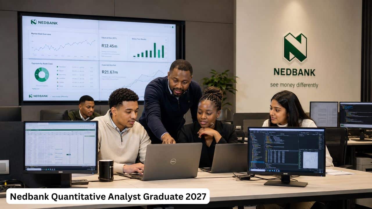 Young South African quantitative analyst graduates working with financial data and risk models in a banking office.