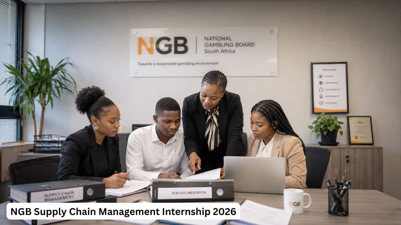 Young South African graduates reviewing supply chain documents during an NGB internship.