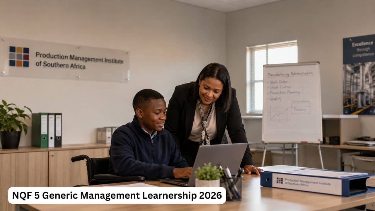 South African learner with a disability receiving administrative workplace training during an NQF 5 Generic Management Learnership.