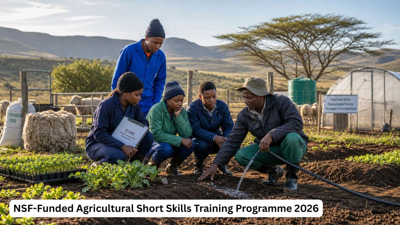 South African rural farming trainees receiving practical agricultural training in plant production and animal production.