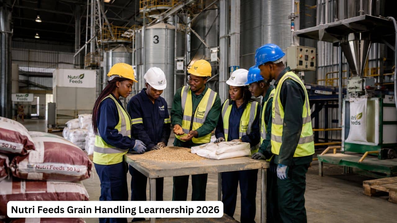 Young South African learners in a grain handling and feed manufacturing facility for the Nutri Feeds Learnership.
