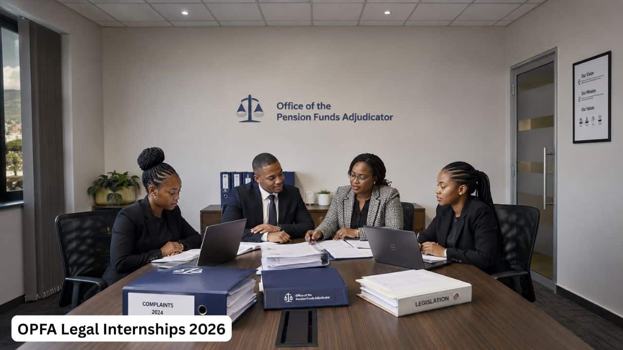 Young South African legal interns reviewing complaint files during an OPFA legal internship.