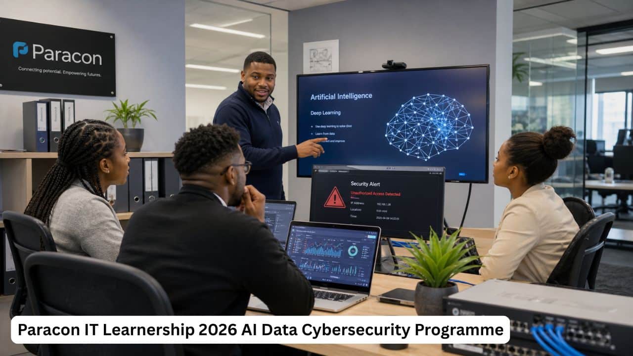 Young South African graduates receiving IT learnership training in artificial intelligence, data analytics and cybersecurity.