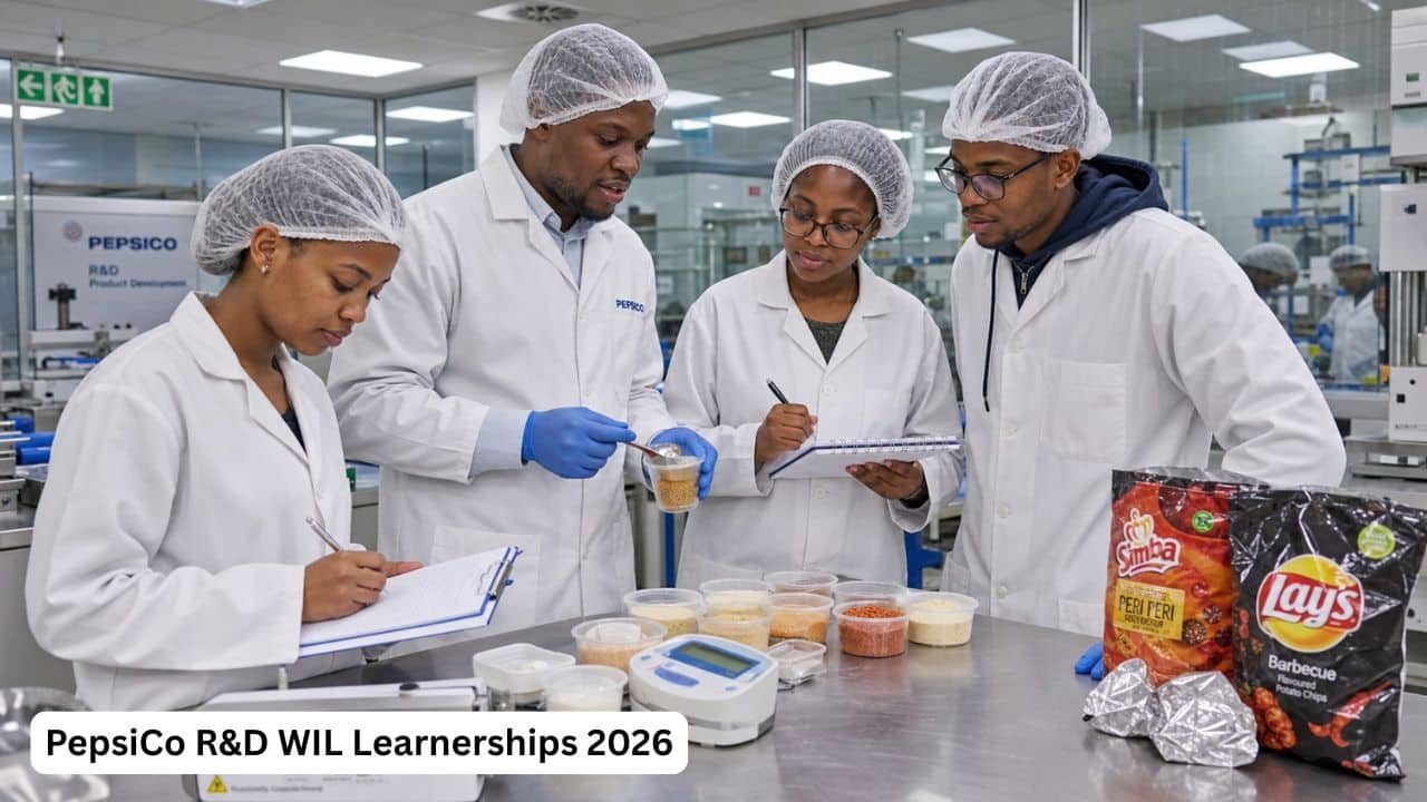 South African food science students participating in the PepsiCo R&D WIL Learnerships 2026 in a food production laboratory.