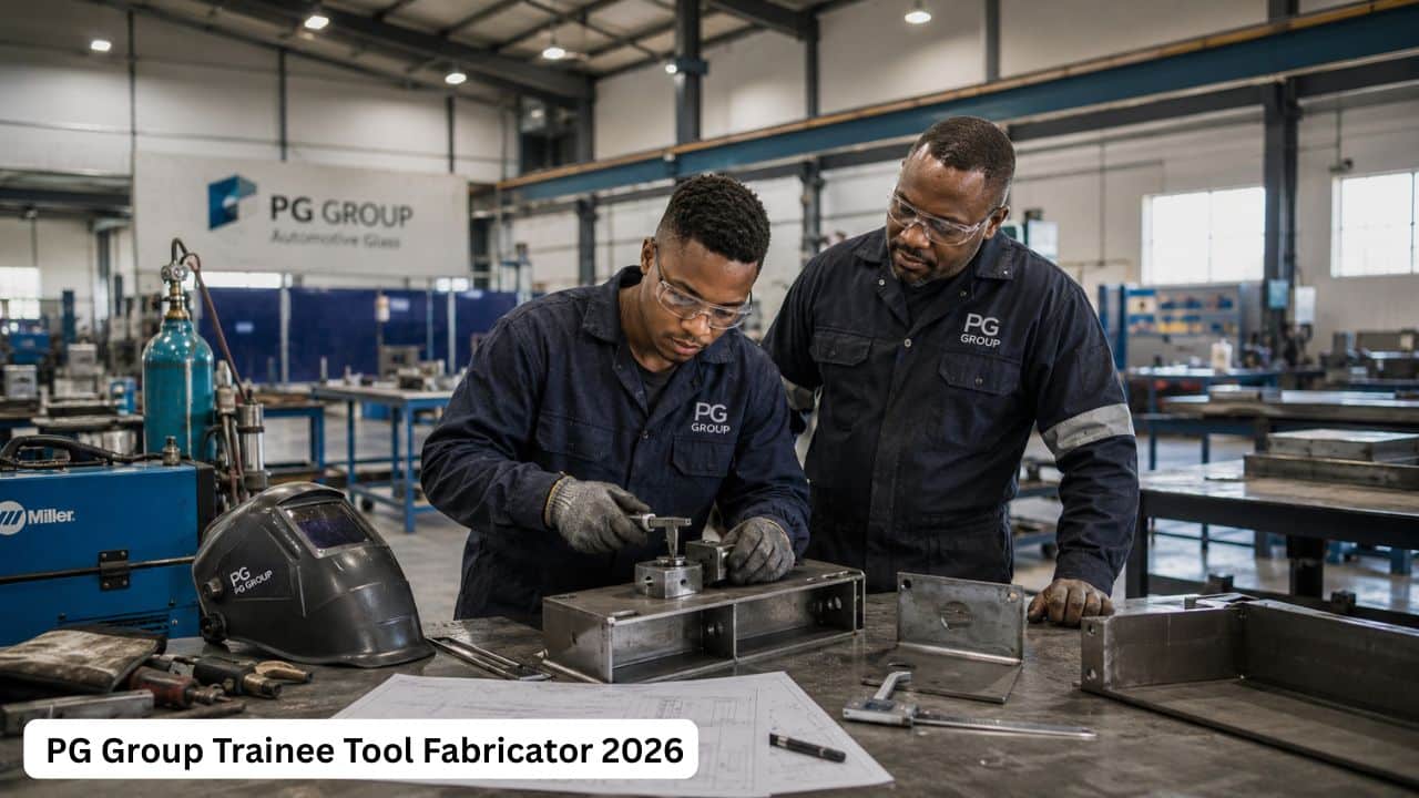 Young South African trainee tool fabricator inspecting metal tooling components in a manufacturing workshop
