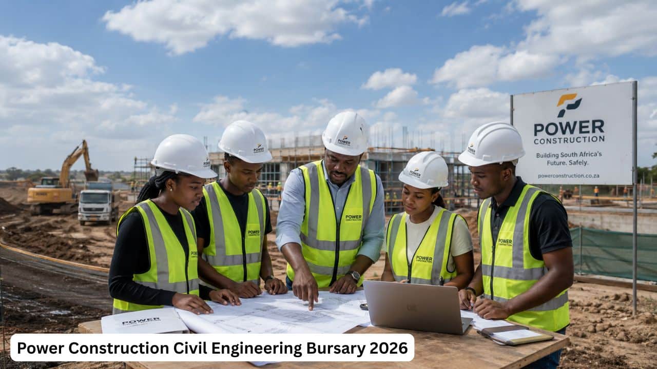 South African Civil Engineering students reviewing construction plans during a Power Construction bursary-related training scene