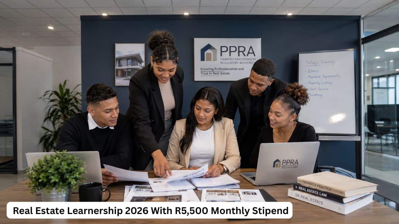 Young South African real estate learnership candidates receiving property practitioner training in a professional office environment.